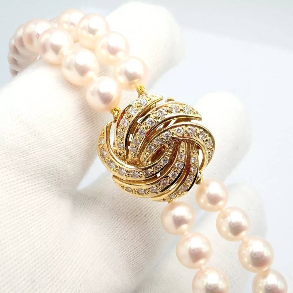 Authentic! Mikimoto 18k Yellow Gold Diamond Double Strand 8mm Pearl Necklace - Picture 9 of 16